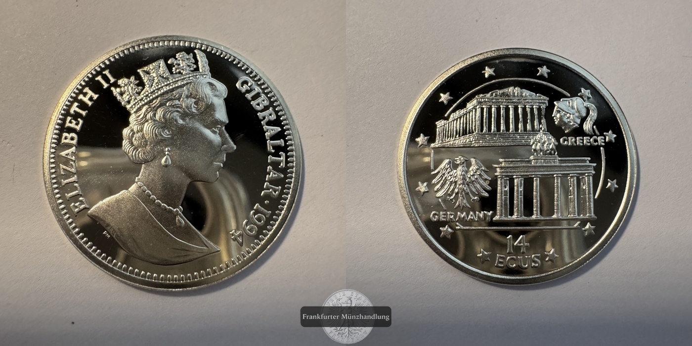  Gibraltar 14 ECUs 1994 Elizabeth II Parthenon und Branden. Tor FM-Frankfurt KM#490 Feinsilber: 9,25g   