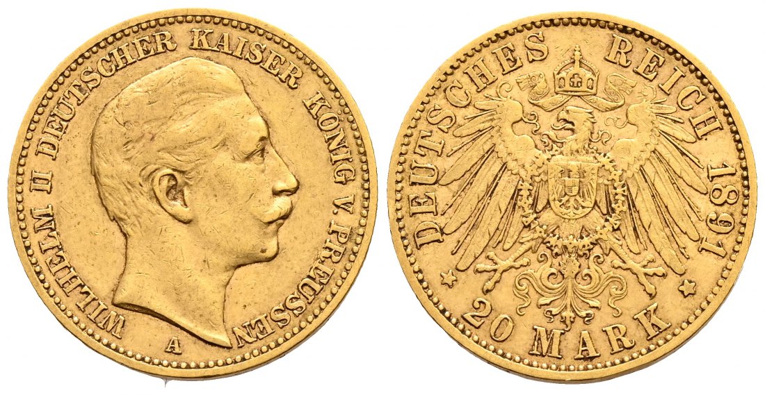 PEUS 2345 Preußen - Kaiserreich 7,16 g Feingold. Wilhelm II.(1888 - 1918) 20 Mark Gold 1891 A Sehr schön