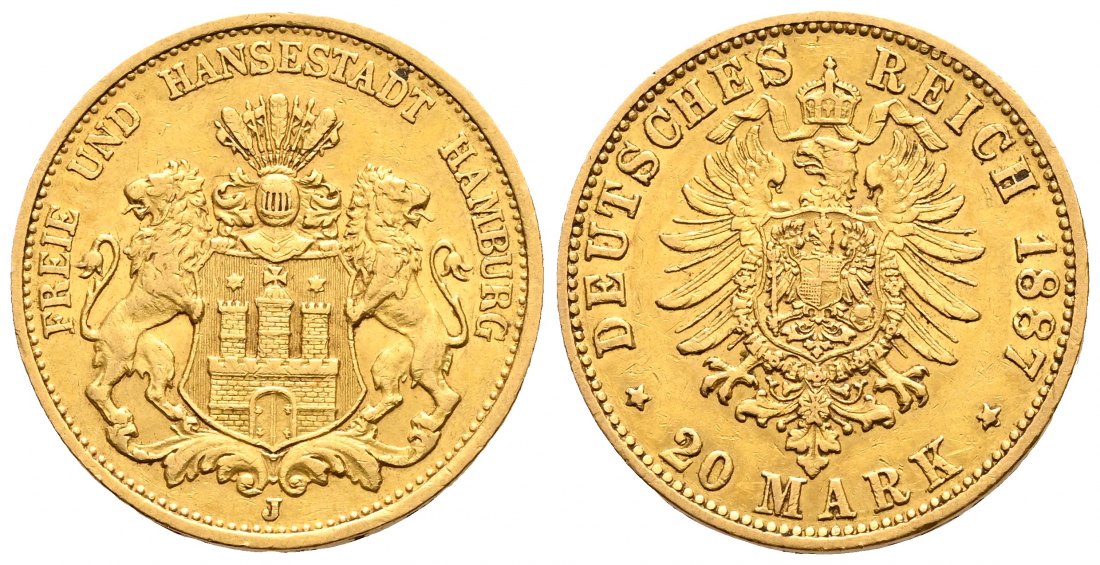 PEUS 2346  Kaiserreich - Hamburg 7,17 g Feingold. Stadtwappen 20 Mark GOLD 1887 J Sehr schön