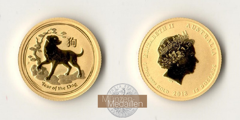 Australien 15 Dollar MM-Frankfurt Feingold: 3,11g Hund 2018 