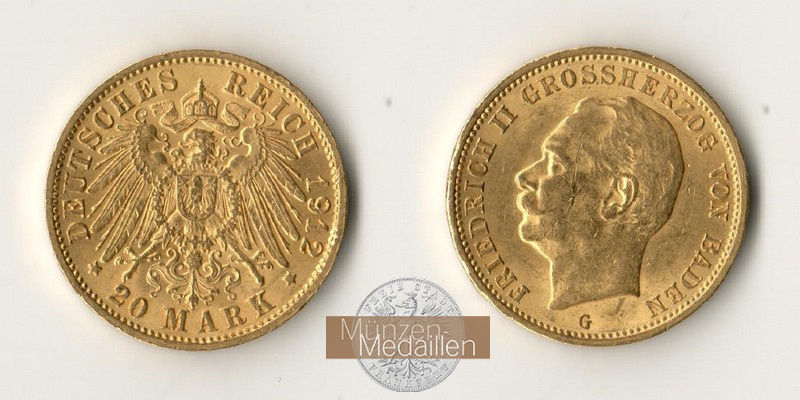 Baden, Kaiserreich  20 Mark MM-Frankfurt Feingold: 7,17g Friedrich II. (1907 - 1918) 1912 G 