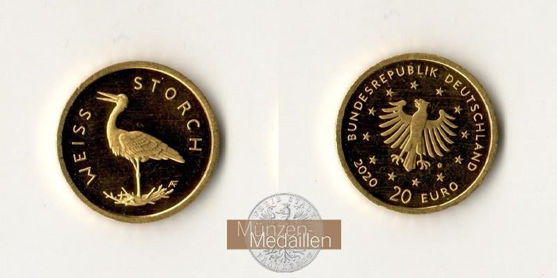 BRD,  20 Euro MM-Frankfurt Feingold: 3,89g Weißstorch 2020 G 