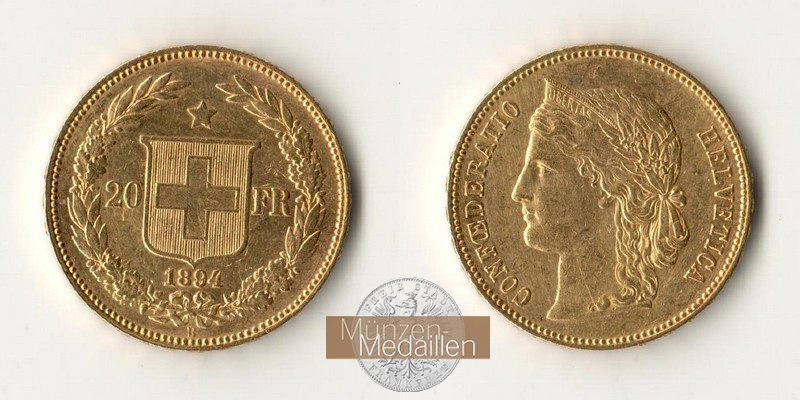 Schweiz MM-Frankfurt Feingold: 5,81g 20sFR Helvetica 1894 B 