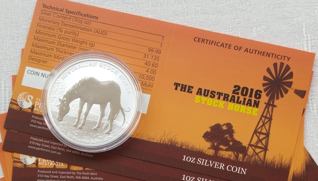  1 oz Stock Horse Silbermünze 2016, in der originalen Kapsel mit Zertifikat.   