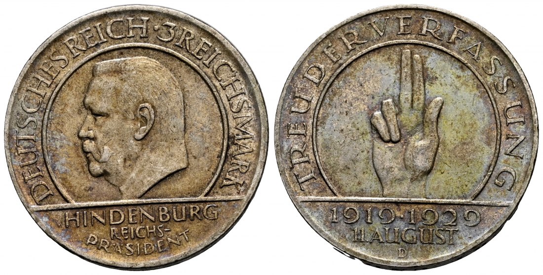 PEUS 2366 Weimarer Republik 10.Jahre Weimarer Reichsverfassung 3 Reichsmark 1929 D Patina, sehr schön