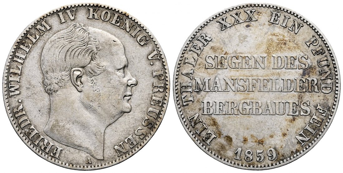 PEUS 2368 Preußen Mansfelder Bergbau. Friedrich Wilhelm IV. (1840-1861) Ausbeutetaler 1859 A Sehr schön