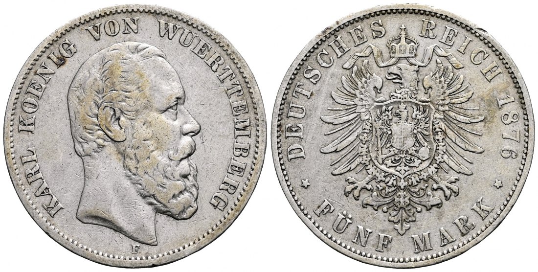 PEUS 2374 Württemberg - Kaiserreich Karl (1864-1891) 5 Mark 1876 F Sehr schön