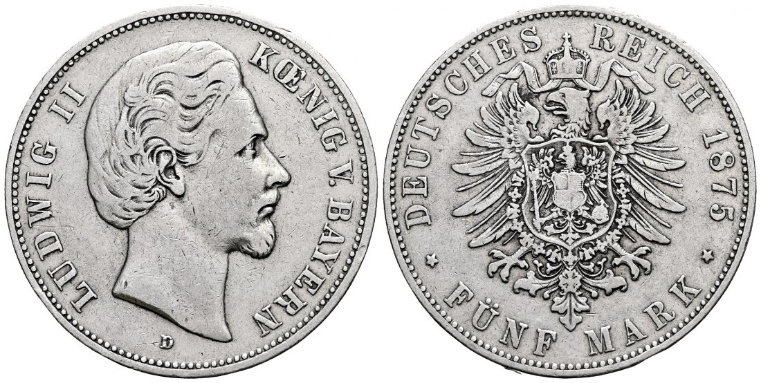 PEUS 2375 Kaiserreich - Bayern Ludwig II. (1864-1886) 5 Mark 1875 D München Sehr schön