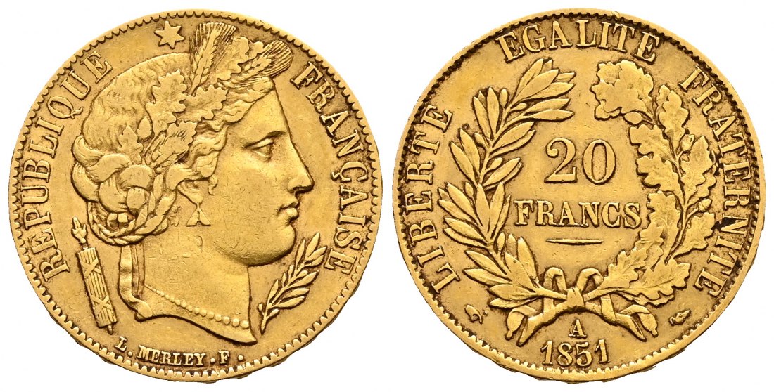 PEUS 2350 Frankreich 5,81 g Feingold. Zweite Republik (1848 - 1852) 20 Francs GOLD 1851 A Sehr schön