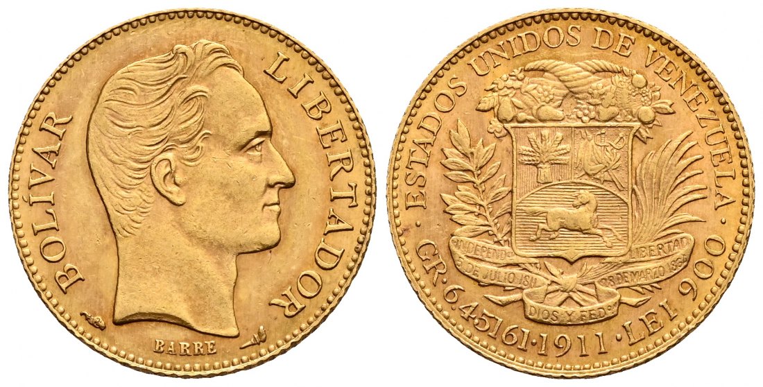 PEUS 2354 Venezuela 5,81 g Feingold. Kopf Bolivar / Wappen 20 Bolivares GOLD 1911 Vorzüglich