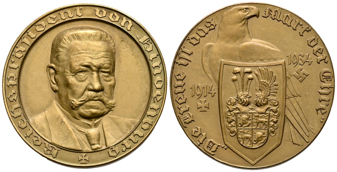 PEUS 2361 Deutschland 36,3 mm / 21,7 g. Hindenburg / Adler mit Wappenschild Bronzemedaille 1934 Vorzüglich