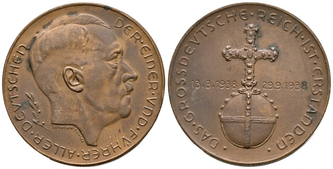 PEUS 2362 Deutschland 36 mm / 19,16 g. Hitler / Reichsapfel Bronzemedaille 1938 Vorzüglich