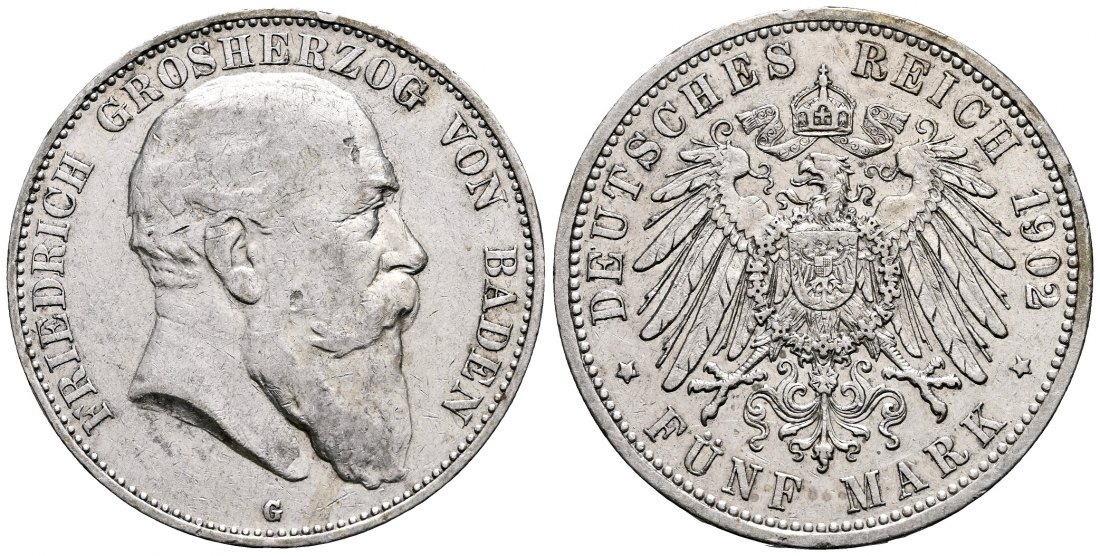 PEUS 2381 Kaiserreich - Baden Friedrich I. (1856 - 1907) 5 Mark 1902 G Kl. Randfehler, Sehr schön