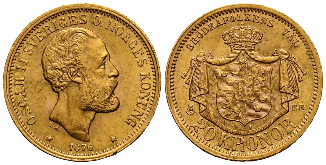 PEUS 2388 Schweden + Norwegen 8,06 g Feingold. Oscar II. 20 Kroner GOLD 1876 EB Kl. Randfehler, fast vorzüglich