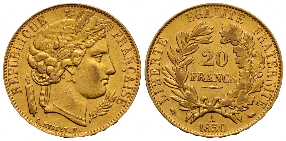 PEUS 2390 Frankreich 5,81 g Feingold. Zweite Republik (1848 - 1852) 20 Francs GOLD 1850 A Sehr schön