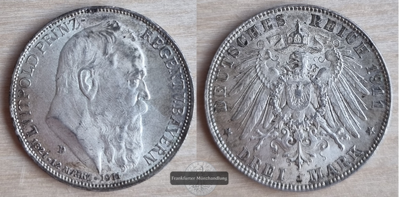  Deutsches Kaiserreich. Bayern, Luitpold (Prinzregent) 3 Mark 1911 D FM-Frankfurt Feinsilber: 15g   