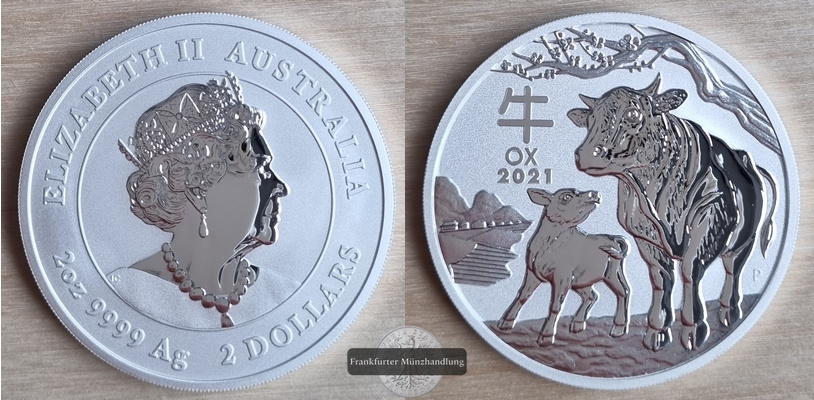  Australien, 2 Dollar 2021 Ox FM-Frankfurt  Feinsilber: 62,13g   