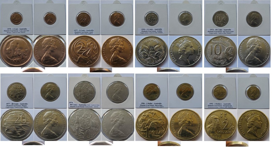  1973-1993, Australia, a set of 8 pcs circulation coins fron 1 Cent to 2 Dollars   