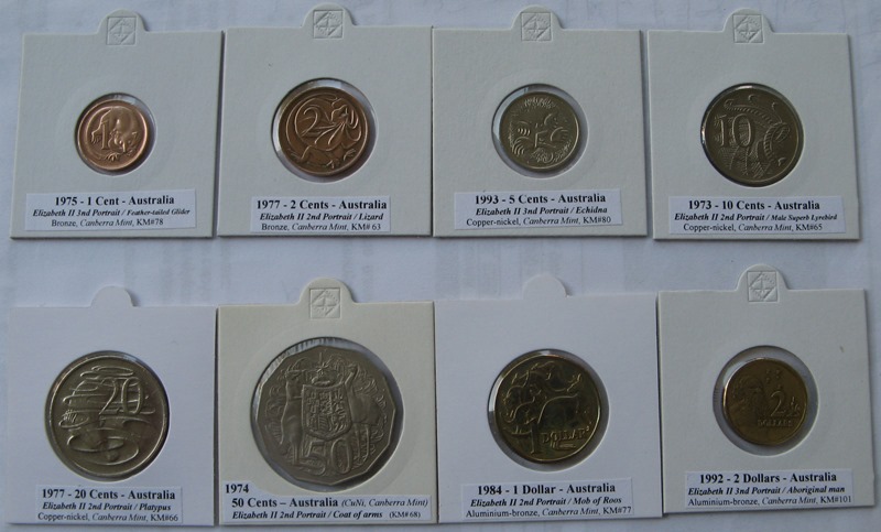  1973-1993, Australia, a set of 8 pcs circulation coins fron 1 Cent to 2 Dollars   