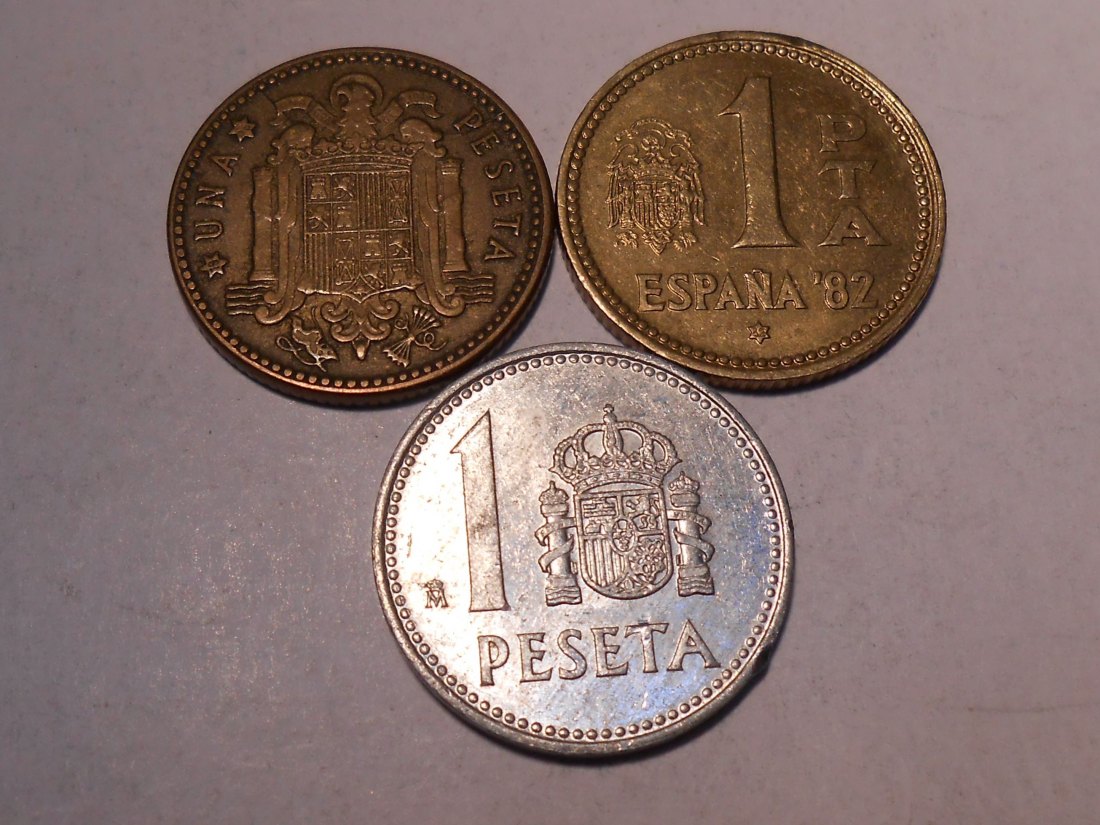  M.192. Spanien 3er Lot, 1 Peseta 1953, 1 Peseta 1980, 1 Peseta 1986   