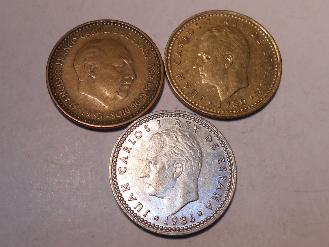  M.192. Spanien 3er Lot, 1 Peseta 1953, 1 Peseta 1980, 1 Peseta 1986   