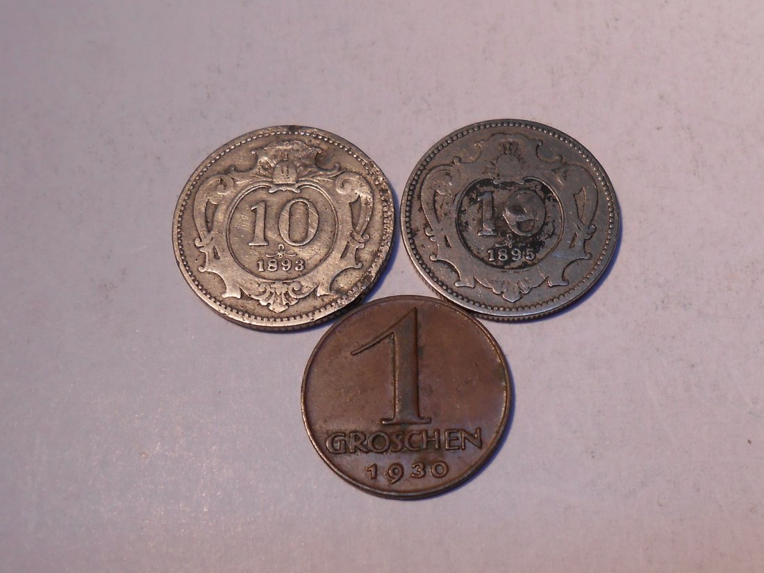  M.196. Österreich 3er Lot, 10 Heller 1893, 10 Heller 1895, 1 Groschen 1930   