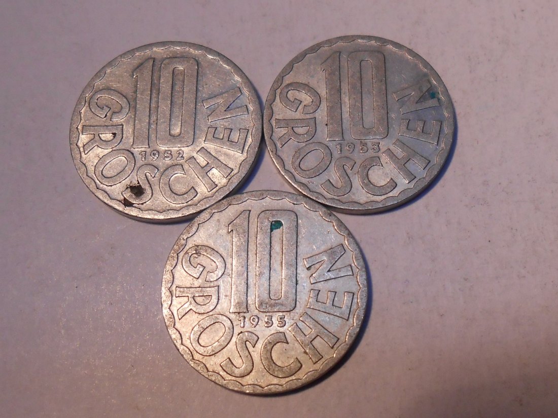  M.200. Österreich 3er Lot, 10 Groschen 1952, 10 Groschen 1953, 10 Groschen 1955   