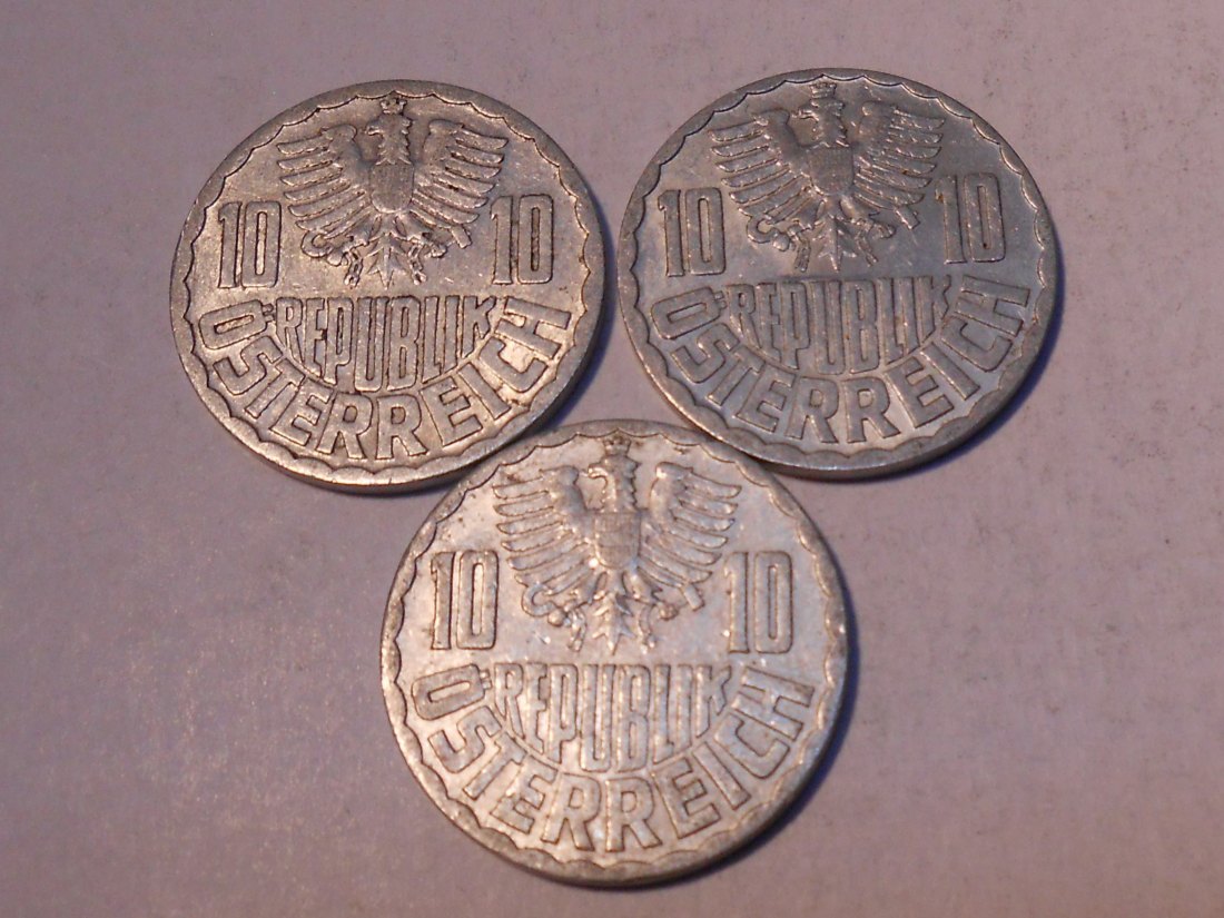  M.200. Österreich 3er Lot, 10 Groschen 1952, 10 Groschen 1953, 10 Groschen 1955   