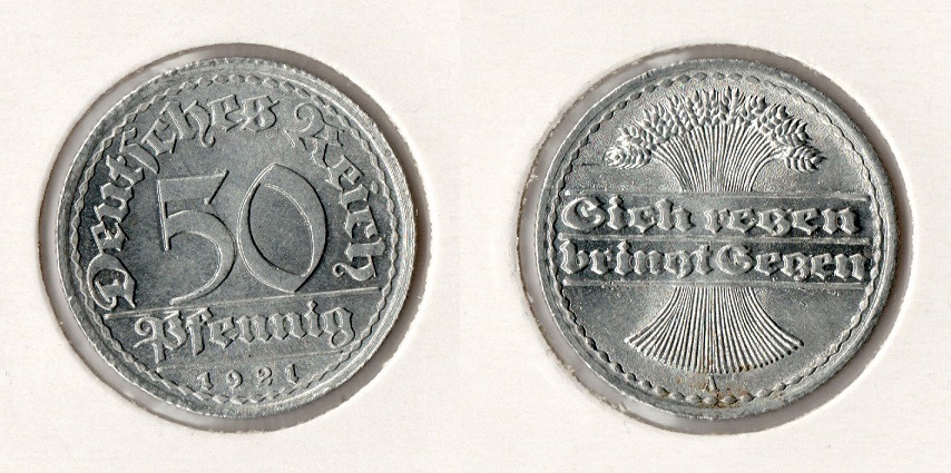  Weimarer Republik Inflation 50 Pfennig 1921 -A- Unc/ Stgl. - J.301   