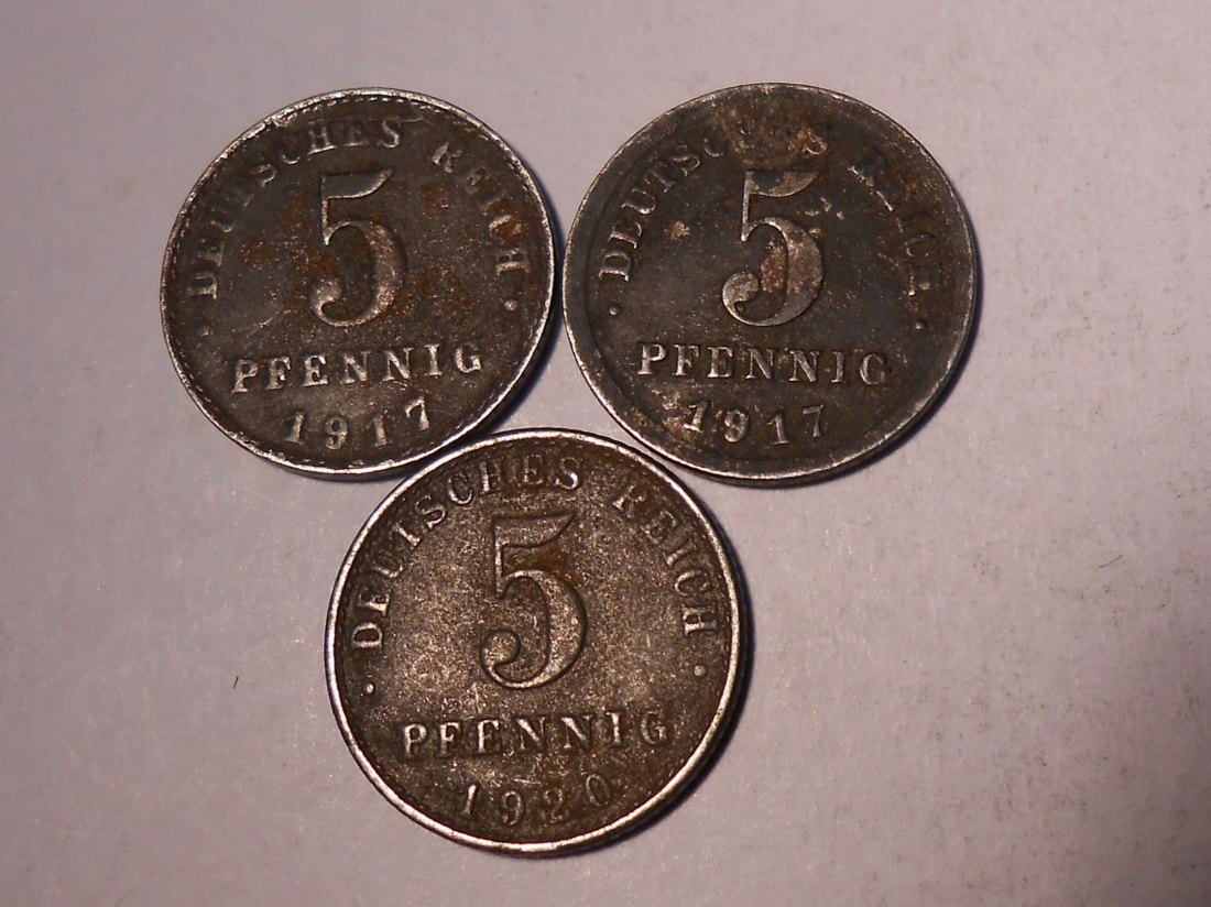  M.209. Deutsches Kaiserreich, Ersatzmünzen 1. Weltkrieg 3er Lot, 5 Pf. 1917A, 1917J, 1920A   