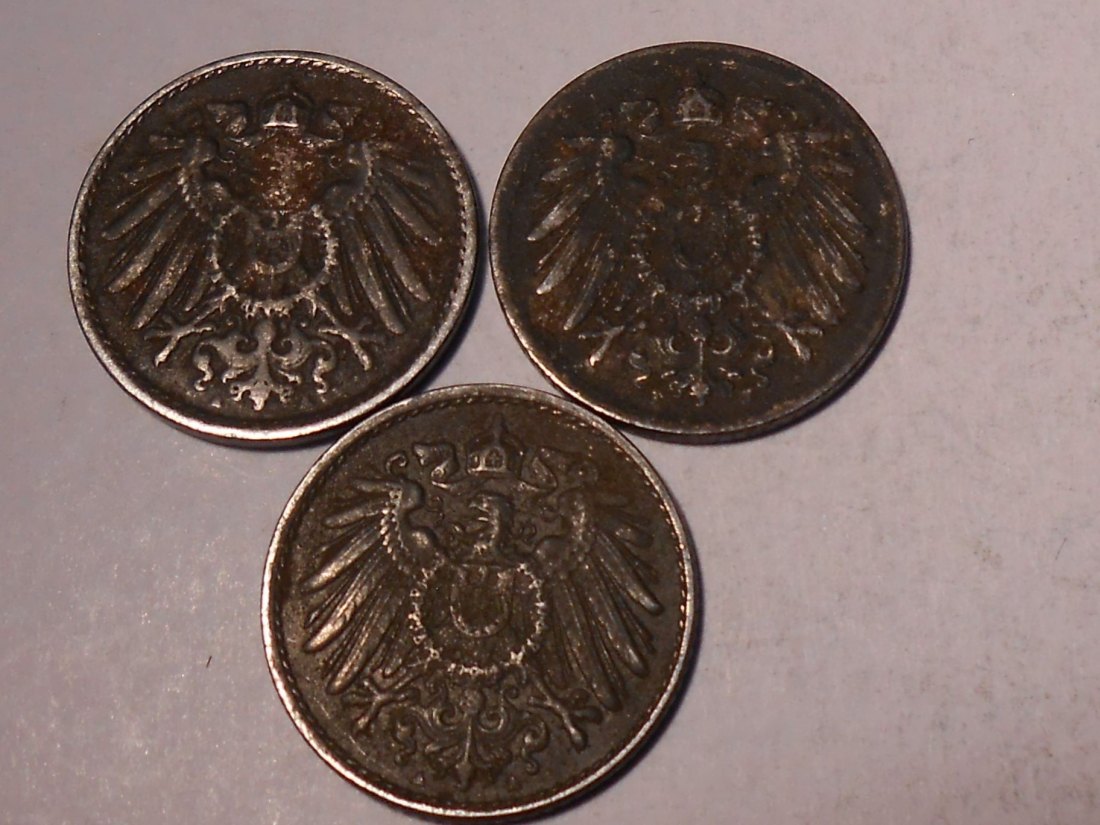  M.209. Deutsches Kaiserreich, Ersatzmünzen 1. Weltkrieg 3er Lot, 5 Pf. 1917A, 1917J, 1920A   