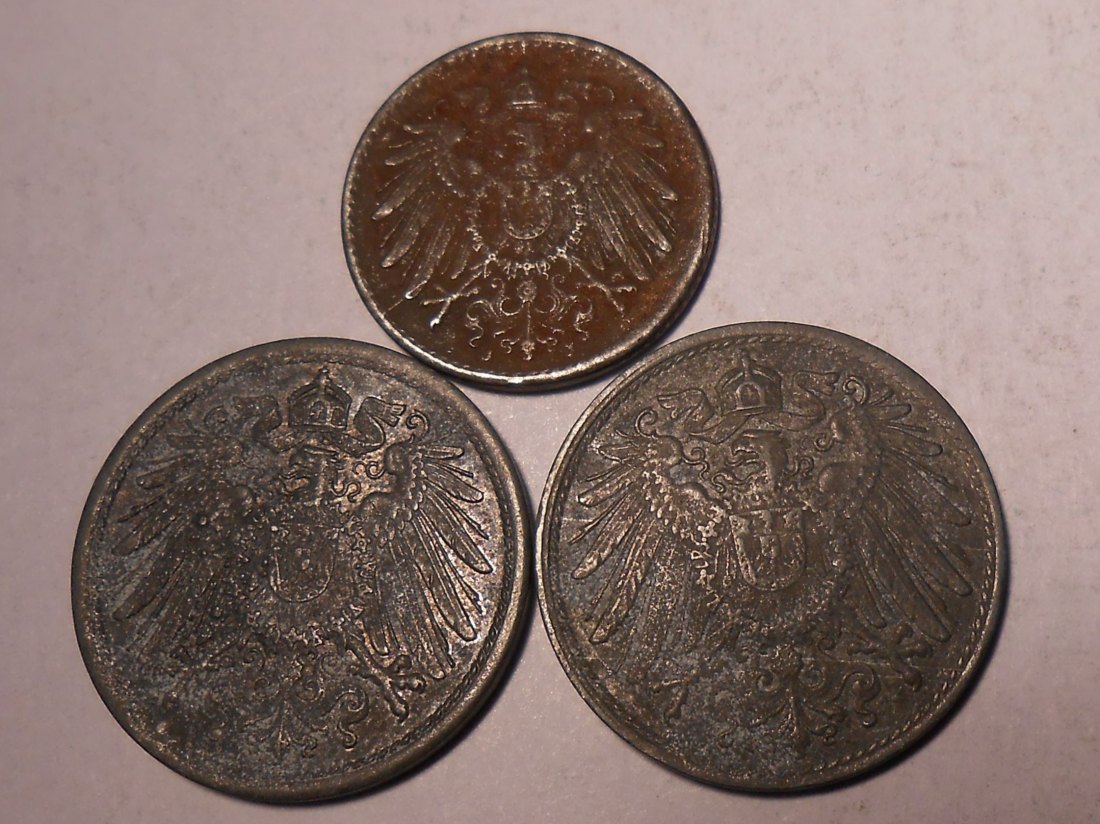  M.210. Deutsches Kaiserreich, Ersatzmünzen 1. Weltkrieg 3er Lot, 5 Pf. 1921 J und 10 Pf. 1921 , 1922   