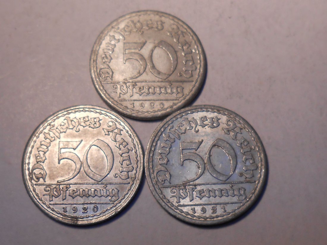  M.213. Weimarer Republik 3er Lot, 50 Pfennig (Jäger 301) 1920 A, 1920 E und 1921 A   