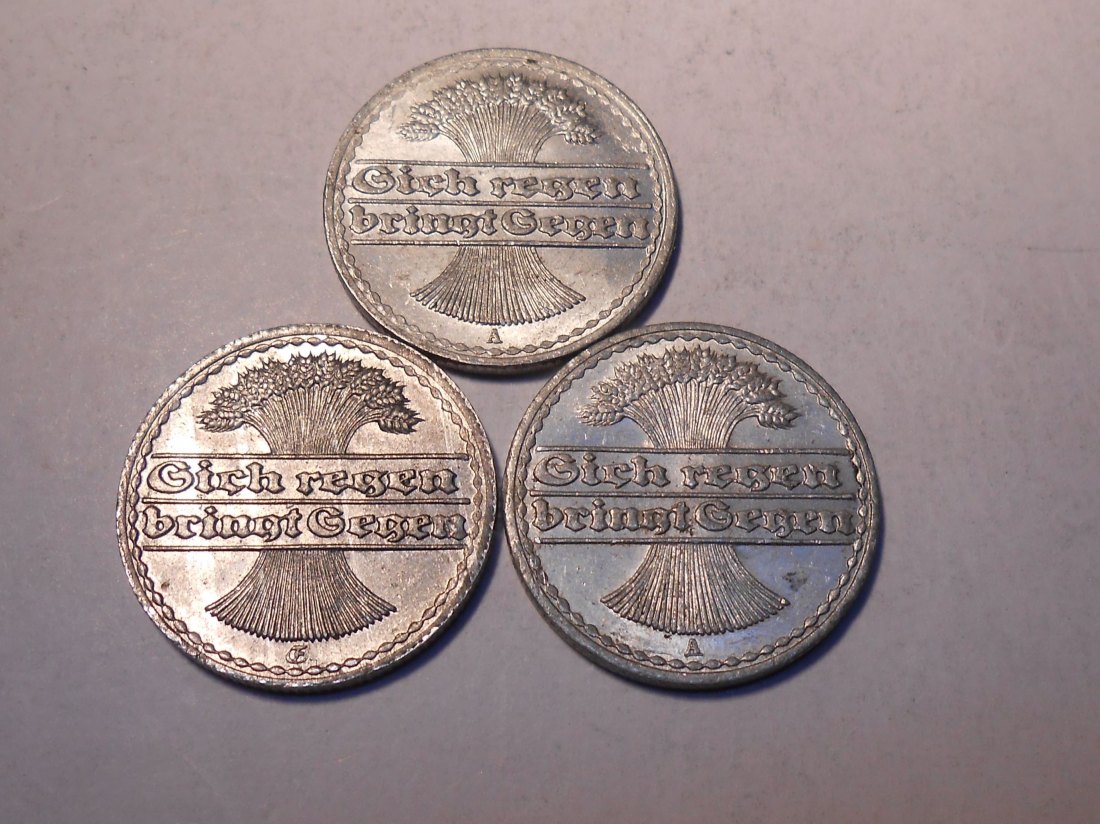  M.213. Weimarer Republik 3er Lot, 50 Pfennig (Jäger 301) 1920 A, 1920 E und 1921 A   