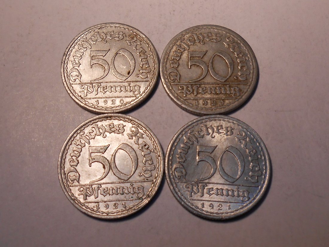  M.214. Weimarer Republik 4er Lot, 50 Pfennig (Jäger 301) 1920 A, 1920 E, 1921 A und 1921 E   