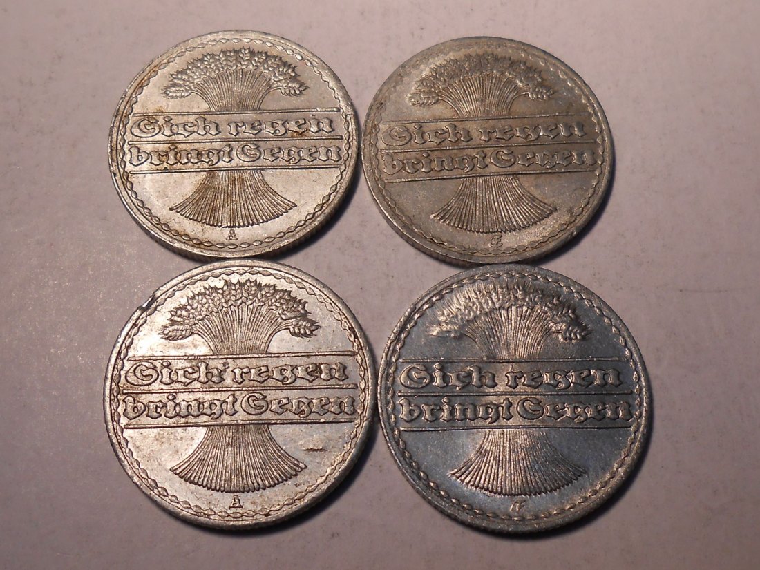  M.214. Weimarer Republik 4er Lot, 50 Pfennig (Jäger 301) 1920 A, 1920 E, 1921 A und 1921 E   