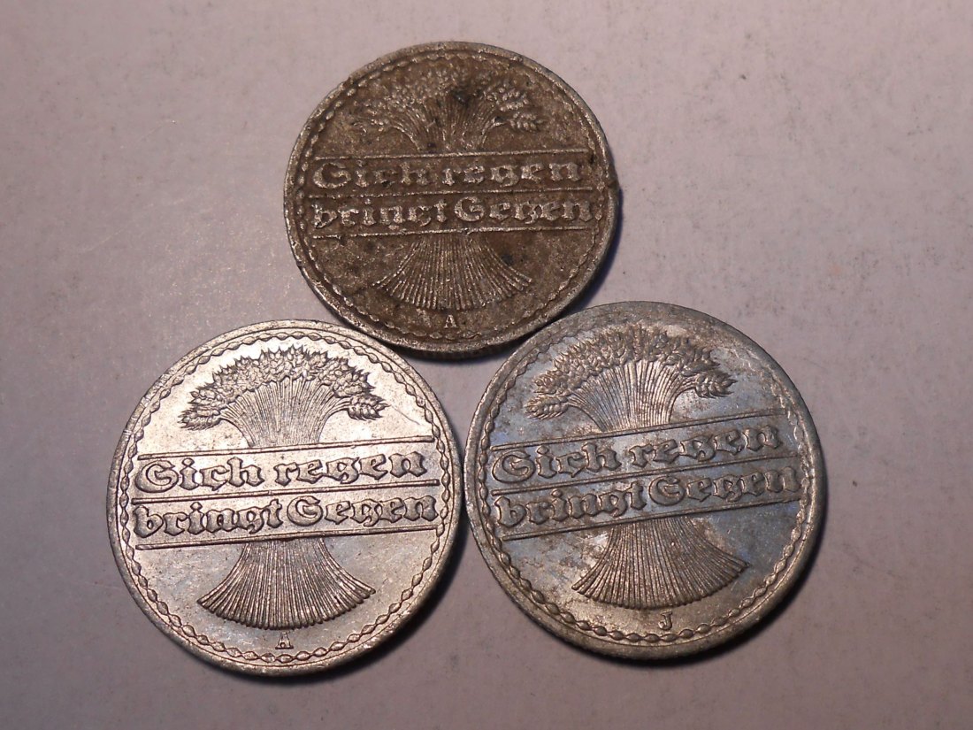  M.215. Weimarer Republik 3er Lot, 50 Pfennig (Jäger 301) 1920 A, 1921 A und 1921 E   