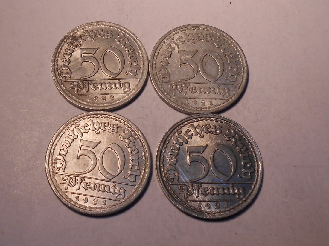  M.216. Weimarer Republik 4er Lot, 50 Pfennig (Jäger 301) 1920 E, 1921 A, 1921 E und 1921 F für 2,50   