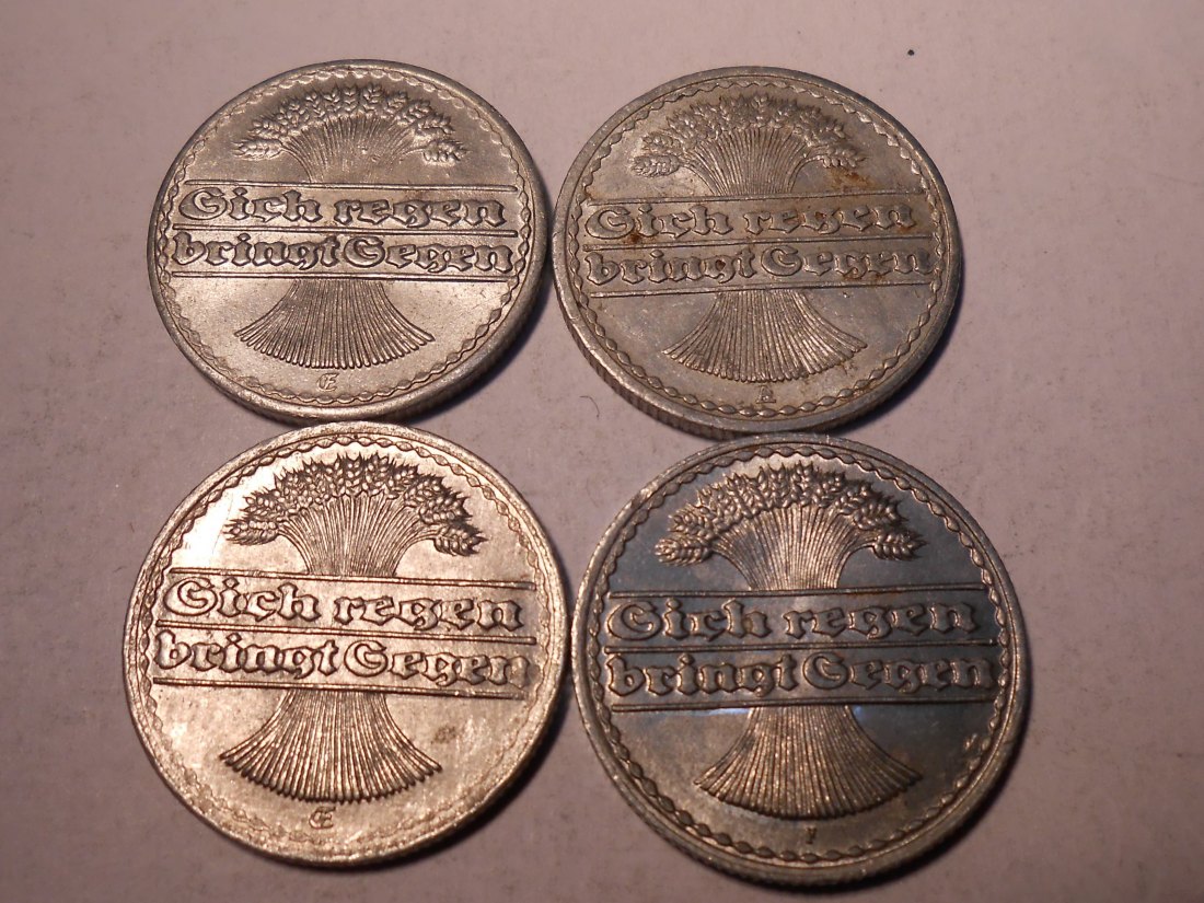  M.216. Weimarer Republik 4er Lot, 50 Pfennig (Jäger 301) 1920 E, 1921 A, 1921 E und 1921 F für 2,50   