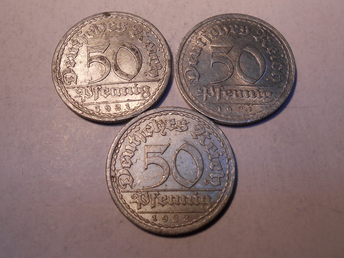  M.218. Weimarer Republik 3er Lot, 50 Pfennig (Jäger 301) 1921 A, 1921 E und 1922 A   