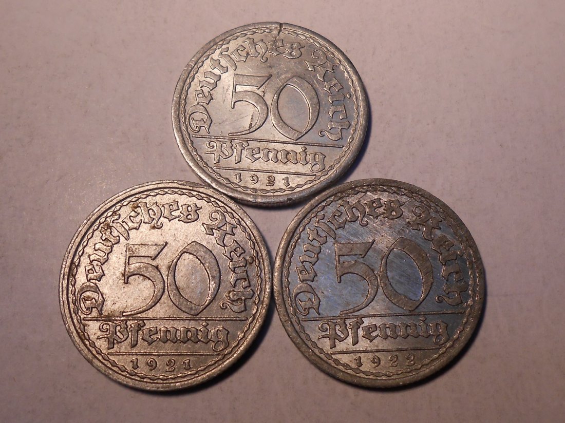  M.219. Weimarer Republik 3er Lot, 50 Pfennig (Jäger 301) 1921 A, 1921 E und 1922 E   