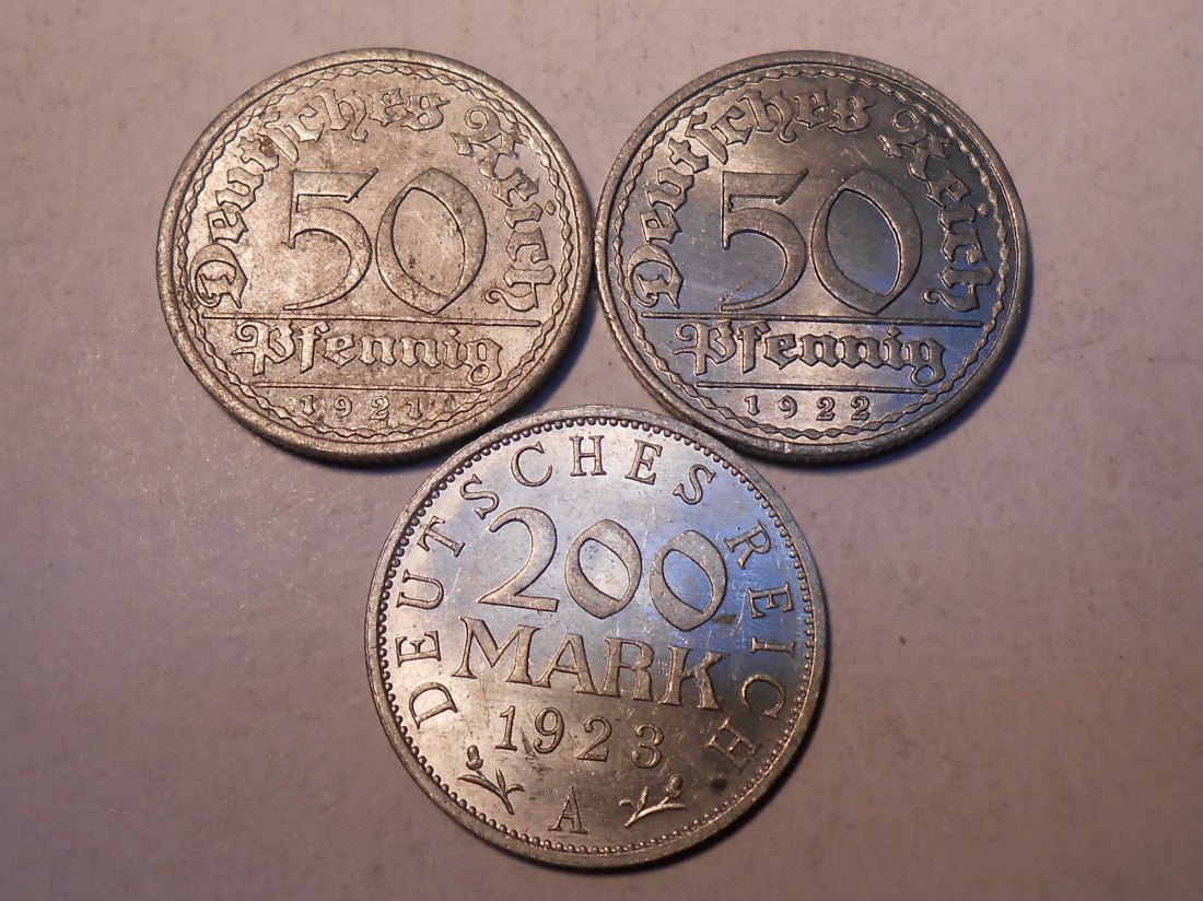  M.220. Weimarer Republik 3er Lot, 50 Pfennig (Jäger 301) 1921 A, 1922 E und 1923 A   