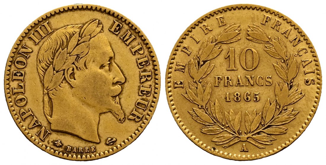 PEUS 2391 Frankreich 2,9 g Feingold. Napoleon III. (1852-1870) 10 Francs GOLD 1865 A Sehr schön