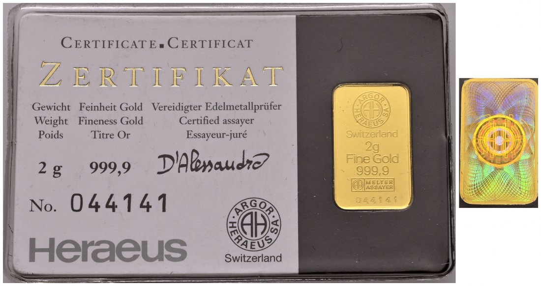 PEUS 2397 BRD / Schweiz 2 g Feingold. Argor-Heraeus Barren GOLD 2 g o.J. Uncirculated (eingeschweißt)