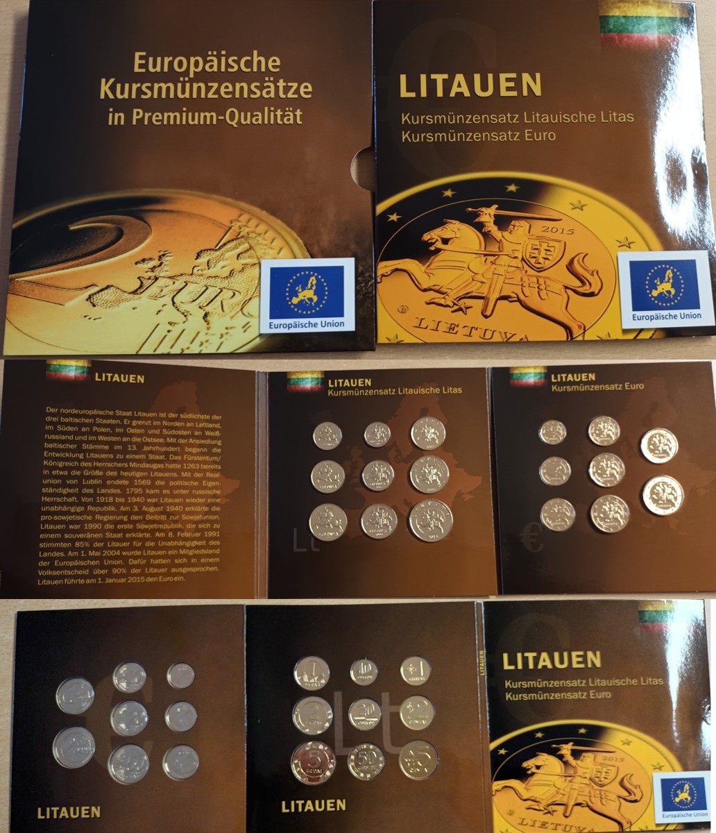  Litauen; Kursmünzensatz Litas und Euro; vergoldet   