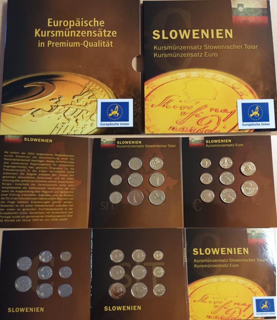  Slowenien; Kursmünzensatz Tolar und Euro; vergoldet   