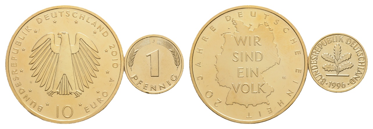  Münze 10 € von 2010,vergoldet; 20 Jahre Deutsche Einheit, A, PP; BRD, 1 Pfennig 1996 vergoldet   