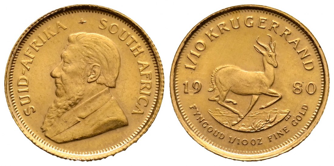 PEUS 2412 Süd-Afrika 3,11 g Feingold 1/10 Krügerrand GOLD 1/10 Unze 1980 Fast Stempelglanz