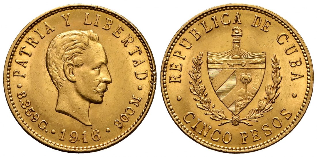 PEUS 2413 Cuba 7,52 g Feingold. Jose Marti 5 Pesos GOLD 1916 Kl. Randfehler, fast vorzüglich