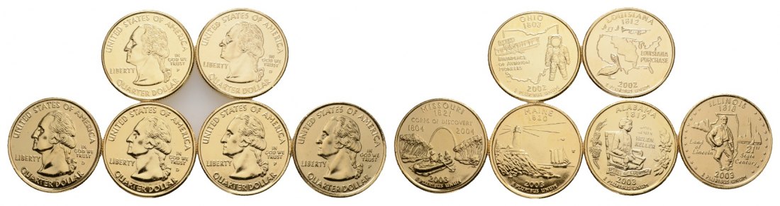  USA; 6 Münzen aus Kupfer-Nickel 2002-2003, mit 24 Karat Gold veredelt inkl. Kapsel   